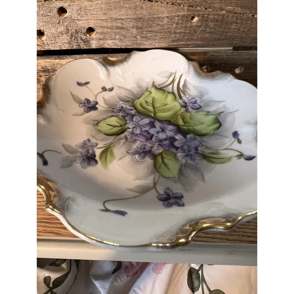 Antique PORCELAIN SMALL FOOTED COMPOTE Violets DECORATION Blue Floral Golden Rim